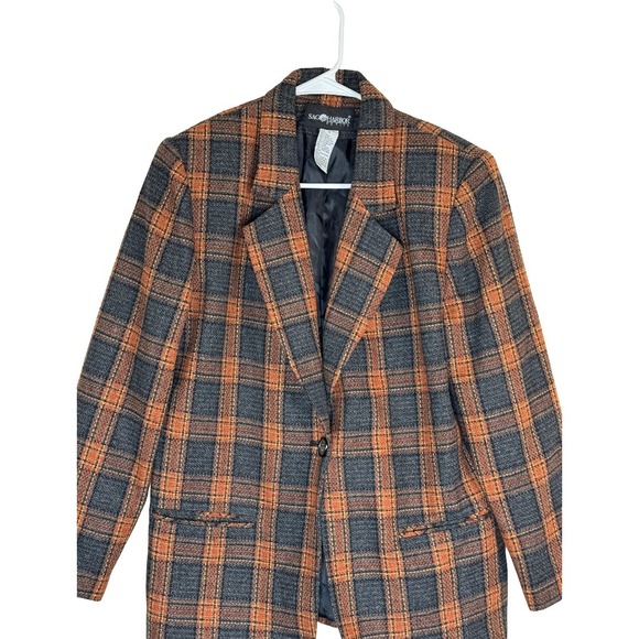 Sag Harbor Petite Vintage 90s Wool Blend Plaid Blazer Orange Brown Grey Size 10P - Picture 5 of 13
